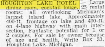 Houghton Lake Hotel - May 1965 For Sale